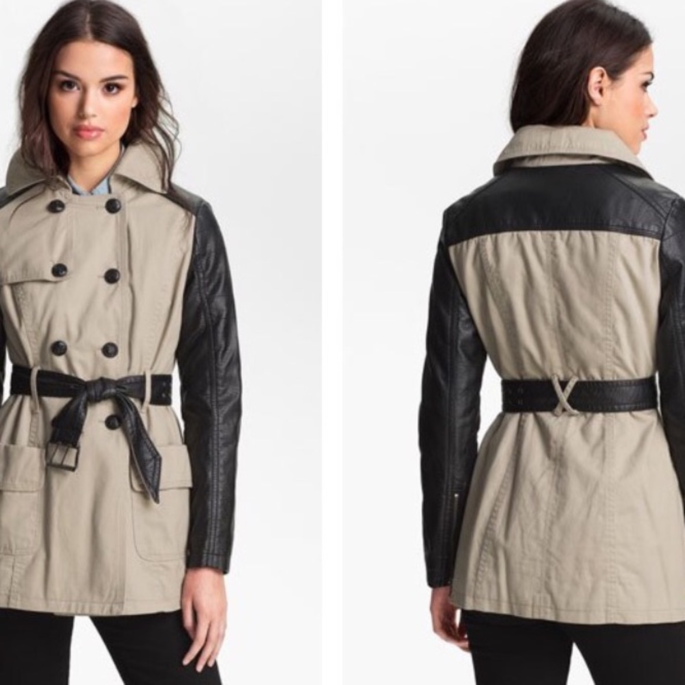 Khak/Leather Short Trench Coat